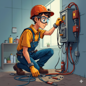electrical services - Professional electrician fixing wires. electrician repairing an electrical panel working on home wiring and circuit breaker box.
